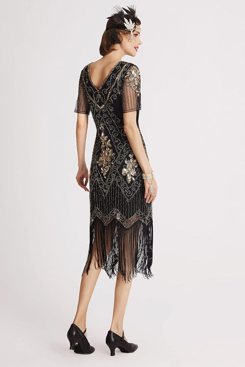 1920S Art Deco Fringed Sequin Dress Roaring 20S Flapper Fancy Dress
