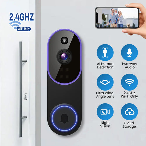 1080P Wireless Video Doorbell Camera, Smart AI Human Detection, Live View, Cloud Storage, Night Vision, Two Way Audio, Instant Alert, 2.4G Wifi Only, Indoor/Outdoor Surveillance Cam for Home Security System